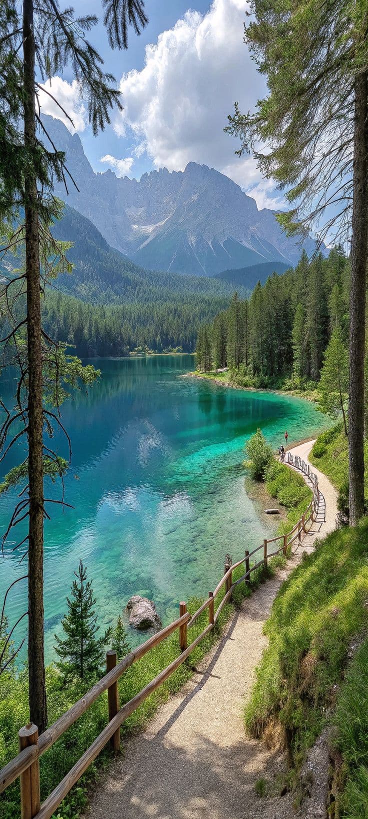 Alpine trail alongside a turquoise lake in BC
